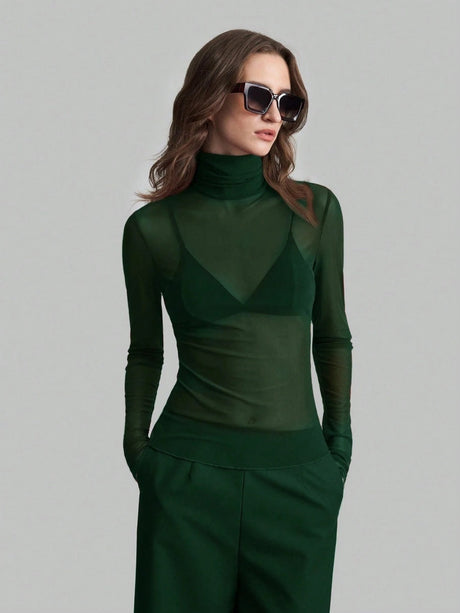 Headband Perspective Turtleneck Slim Fit Party And Nightclub Outfits With Mesh/see-through Tops
