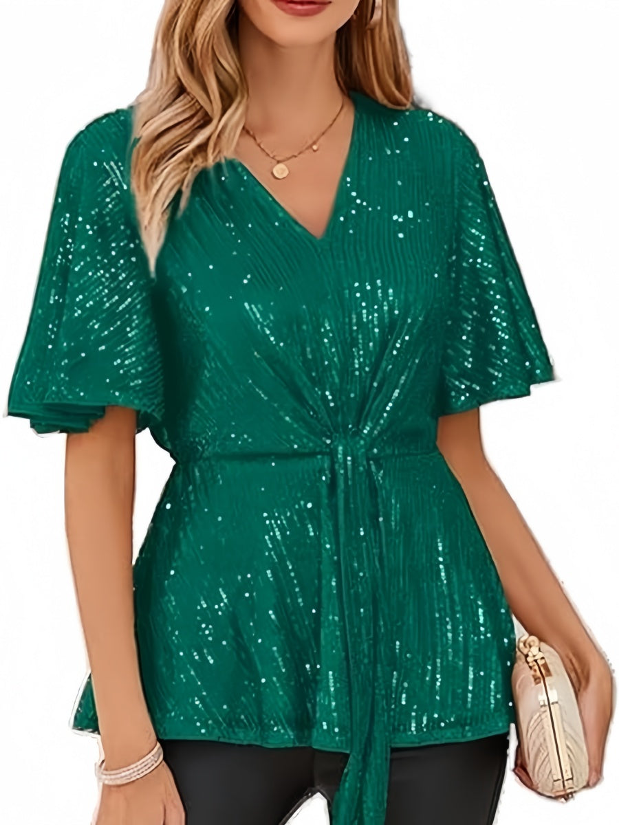 V-neck Pullover Sequins Tie-strap Mesh/see-through Top