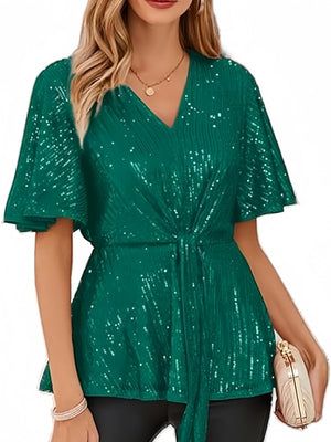 V-neck Pullover Sequins Tie-strap Mesh/see-through Top