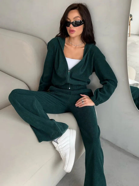 Liber Autumn women's solid color long-sleeved cardigan two-piece suit