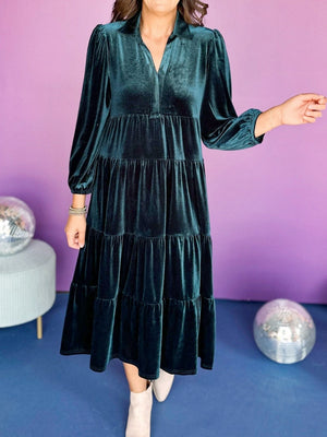Velvet V-neck Multi-layer Ruffles Maxi Dresses
