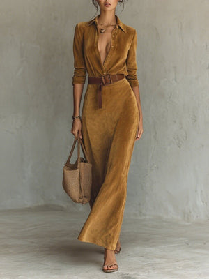 Long Sleeve Shirt Dress Shirt Collar Belt Suede Formal Evening Maxi Dress