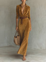 Long Sleeve Shirt Dress Shirt Collar Belt Suede Formal Evening Maxi Dress