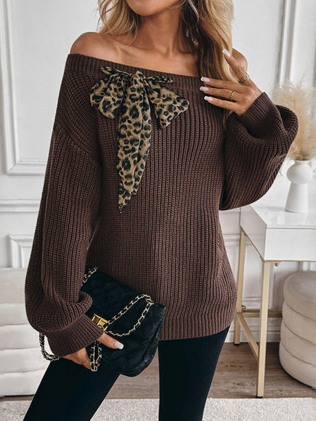 Brown pullover straps Leopard Off-shoulder sweater