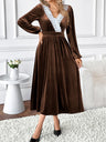 Deep V-neck Velvet Lace Decoration Waist Cocktail Midi Dress