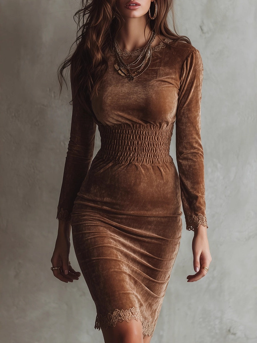 Gold Velvet Lace Pullover Spliced Midi Dress