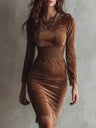 Gold Velvet Lace Pullover Spliced Midi Dress