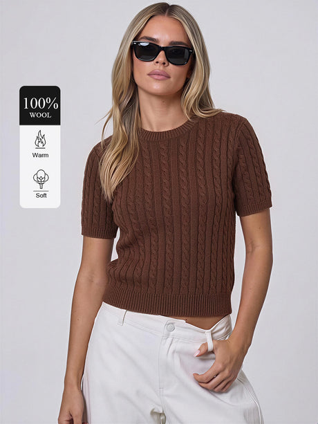 100% Wool Short-Sleeve Cable-Knit Sweater