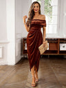 One-shoulder Collar Gathering Hip Velvet Maxi Dresses