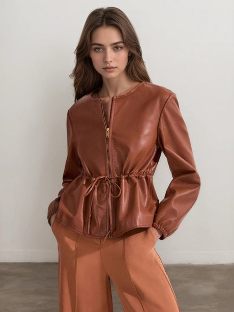 Liber Autumn women's pu leather lace-up pleated zipper jacket