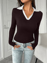 Simplicity Contrast Lapels Long Sleeve T-shirts