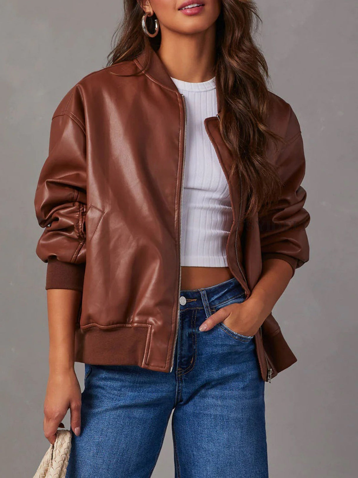 PU Leather Crew Neck Zip-up Baseball Jacket, Autumn/winter Long-sleeved Jacket, Leather Coat