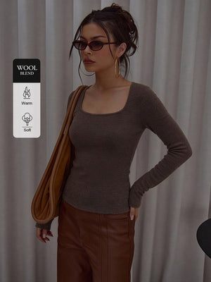 Square-Neck Knit Top with Thumbholes
