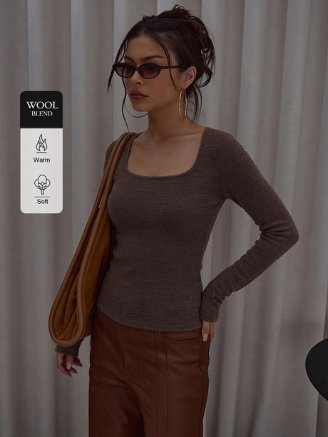 Square-Neck Knit Top with Thumbholes