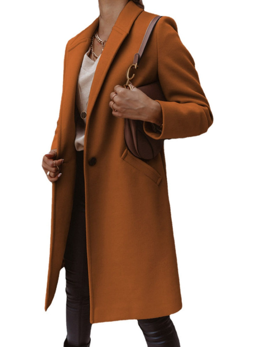 Solid Color Lapel Mid-length Button Wool Coat