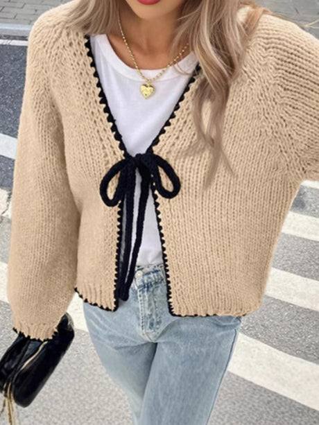 Liber Autumn Women's Chain link Contrasting colors Bandage Cardigans
