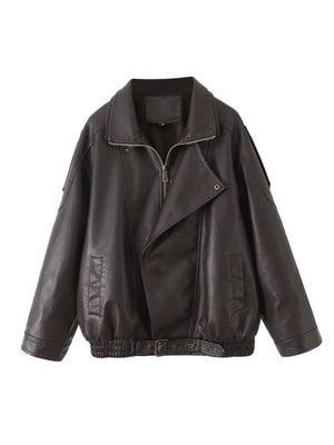 Retro PU Leather Jacket With Asymmetrical Lapel Design