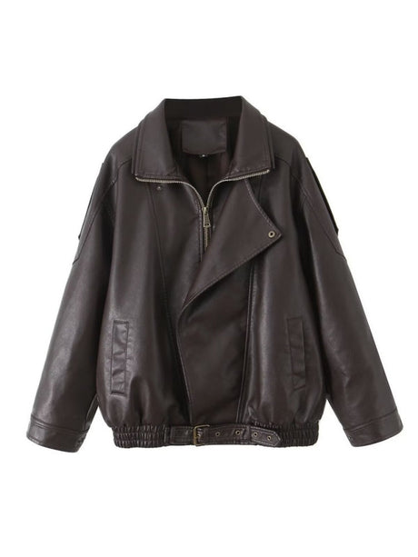Retro PU Leather Jacket With Asymmetrical Lapel Design