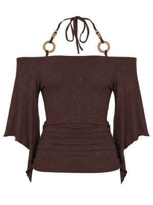 Off-the-shoulder  Bell sleeves  Cinched waist Halter neck top T-shirts