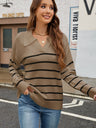 Liber Autumn Women's V-neck Contrasting colors Stripes Jacket Woolen
