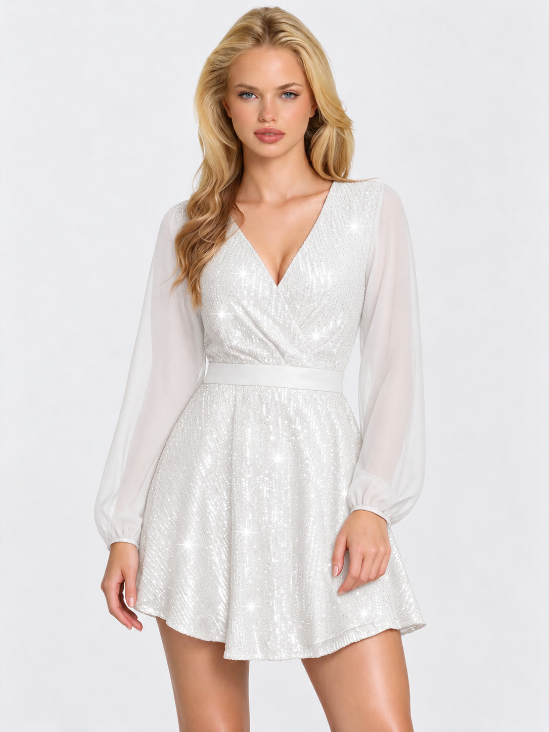 Sequined Chiffon V-neck Temperament Grace Formal Dress Mini&Short Dresses