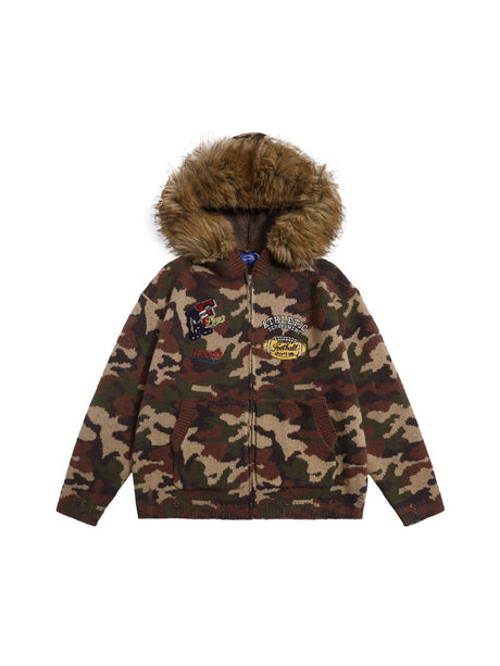 Retro Fur Collar Camouflage Letter Embroidery Hooded Knitwear