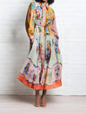 Retro Printed Lantern Sleeves Waist Long Sleeves Maxi Dresses