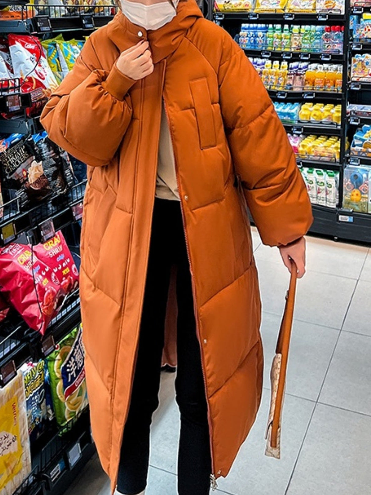 Hooded Zippered Extended Knee-length Down Jacket Thickened Coat