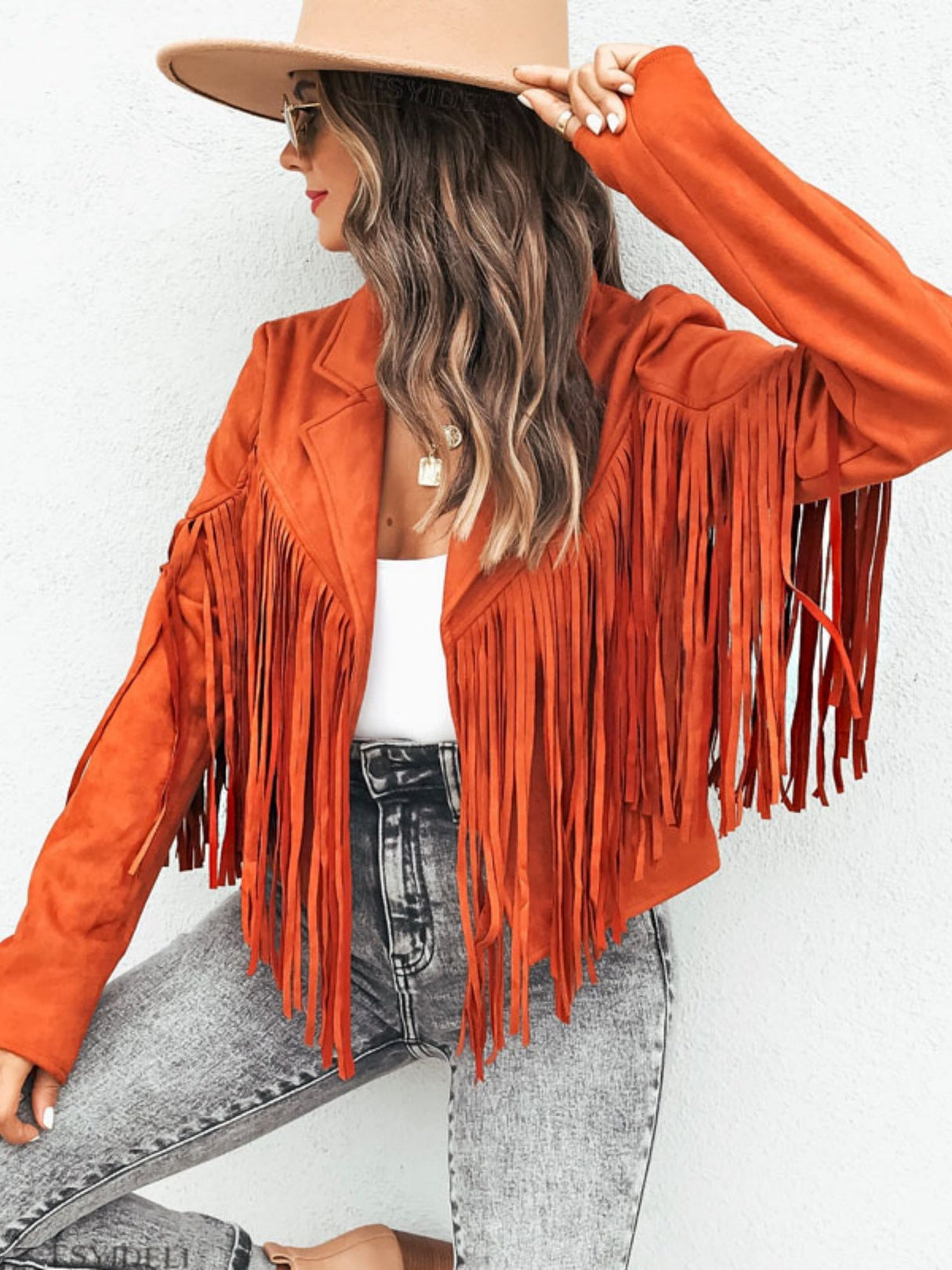 Suede Collared Tassel Short Autumn/winter Long-sleeved Leather Jacket