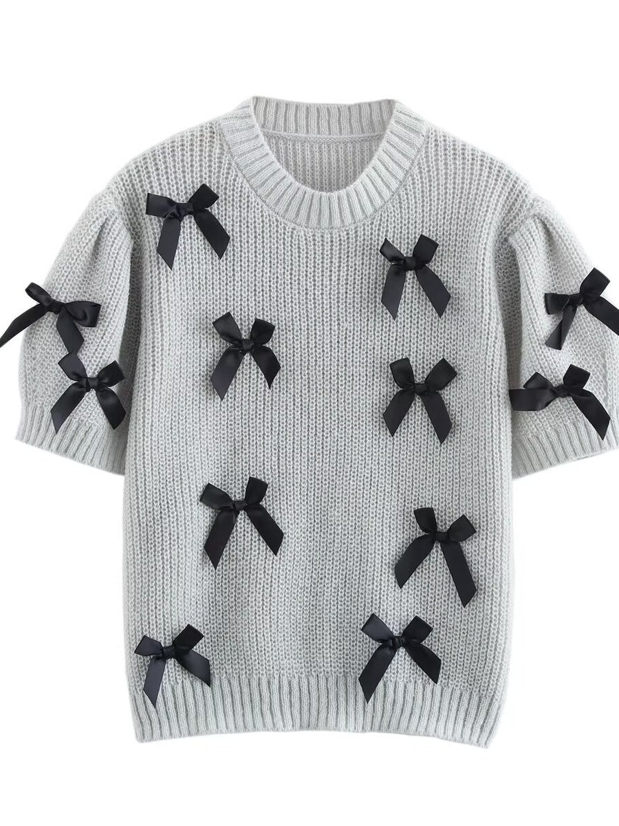 Lace up 3D Bow Short sleeve Knitting Sweaters
