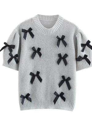 Lace up 3D Bow Short sleeve Knitting Sweaters