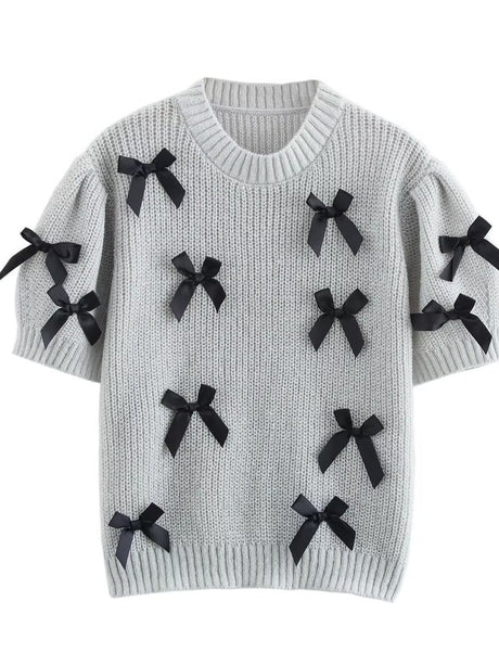 Lace up 3D Bow Short sleeve Knitting Sweaters