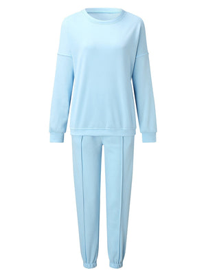 Liber Women's autumn round neck solid color pullover Long sleeve two piece sweatshirt