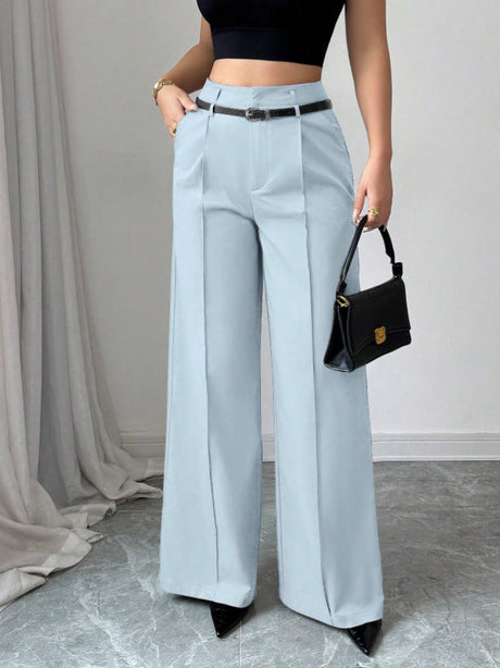 Women's Belted Wide-leg High-waisted Straight-leg Suit Trousers