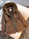Parka With Fur Collar Drawstring Waist Pocket Casual Cotton-padded Jackets/down Jackets