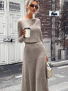 Leisure Small Round Neck Long Sleeves Solid Color A-line Skirt 2-piece Sets