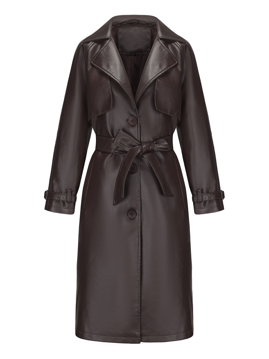 Long And Loose Lace Up Lapel Leather Jacket