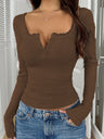 Lace Button V-neck Slim-fit Long-sleeved T-shirt