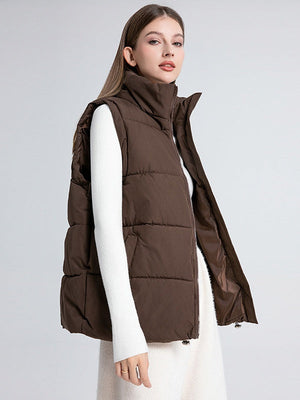 Stand Collar Sleeveless Zipper Pocket Warm Loose Mid-length Down Cotton Vest Jacket