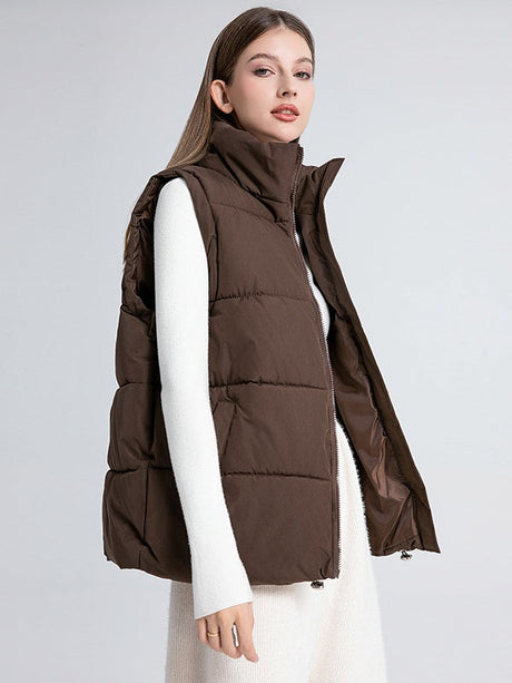 Stand Collar Sleeveless Zipper Pocket Warm Loose Mid-length Down Cotton Vest Jacket
