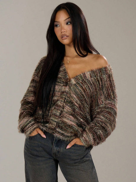 Fluffy Color matching Buttons Cardigans