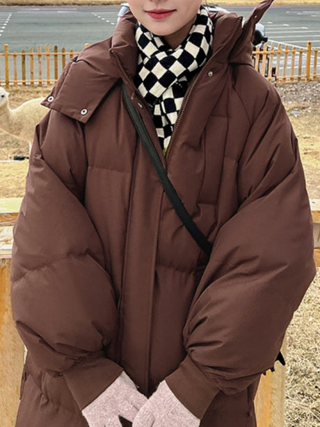 Hooded Zippered Extended Knee-length Down Jacket Thickened Coat