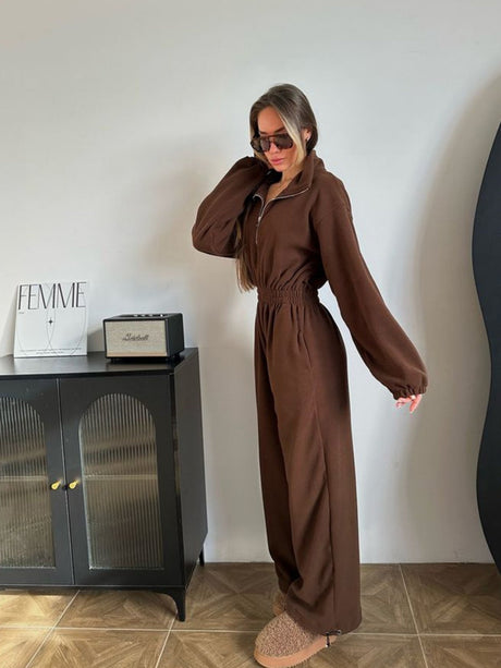 Liber Autumn women's one-piece suit solid color straight pants long-sleeved jumpsuit