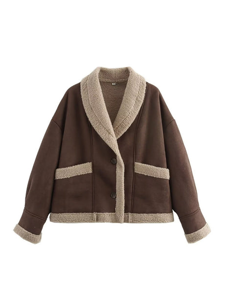 Lapel Pocket Button Wool Coat With Fur Trim, Long Sleeves, Autumn And Winter Coat
