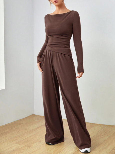 Pocket Solid Color Large Round Neck Long Sleeve Pants 2-piece Sets