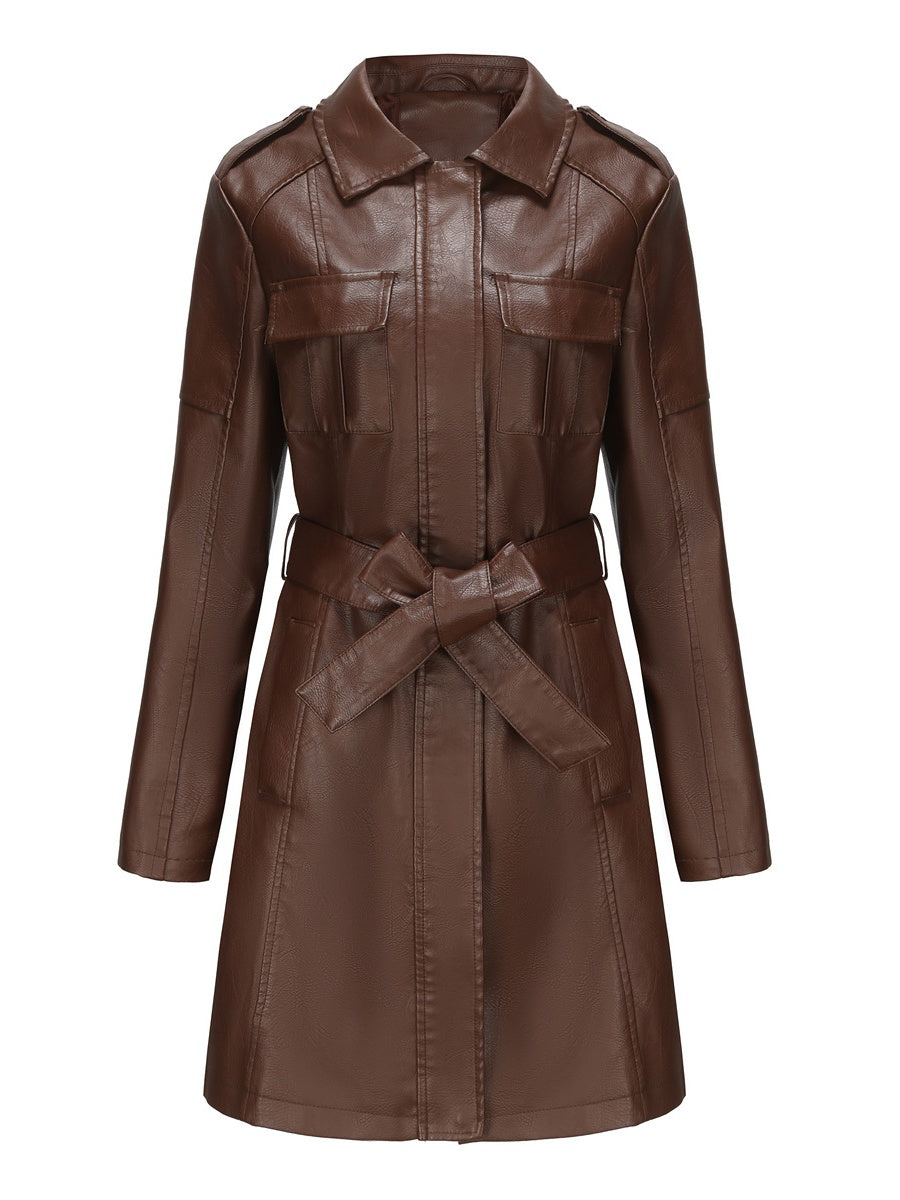Slim Fit Mid-length Pocket With Belt Leather Jacket