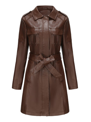 Slim Fit Mid-length Pocket With Belt Leather Jacket