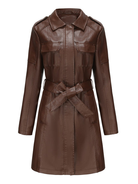Slim Fit Mid-length Pocket With Belt Leather Jacket