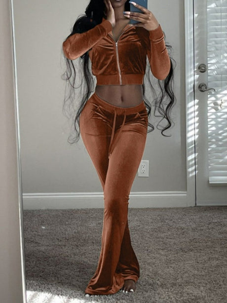 Velvet Splicing Sexy Long-sleeved Casual Navel-baring Top 2-piece Sets