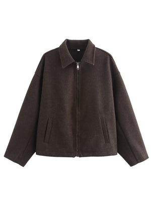 Lapel Zipper Solid Color Simple Oversized Woolen Jacket